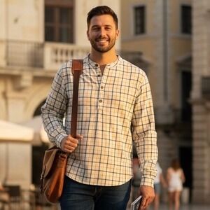 J Peterman Plaid Band Collar Pullover Shirt Men Size L Cream‎ Blue Yellow Henley